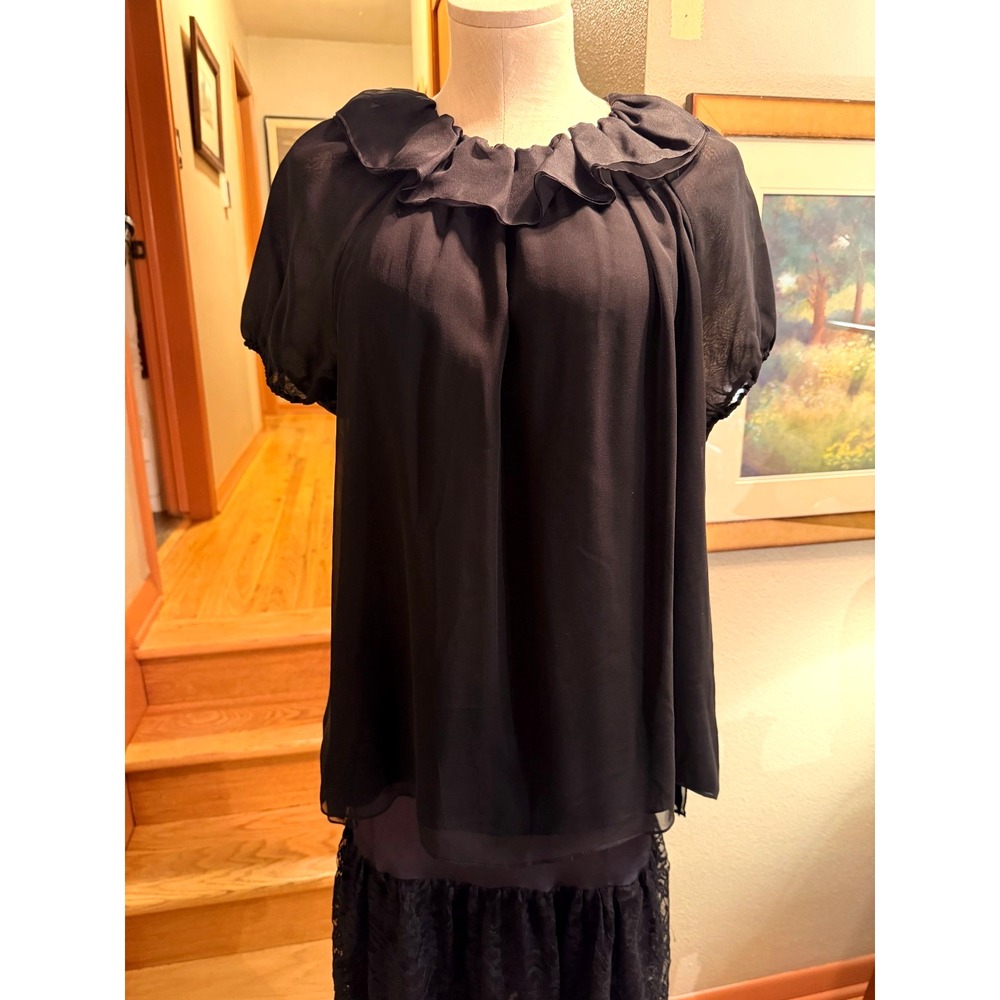 NOWT Joy Cioci New York 100% Silk, Black Short Sleeve Ruffled Collar